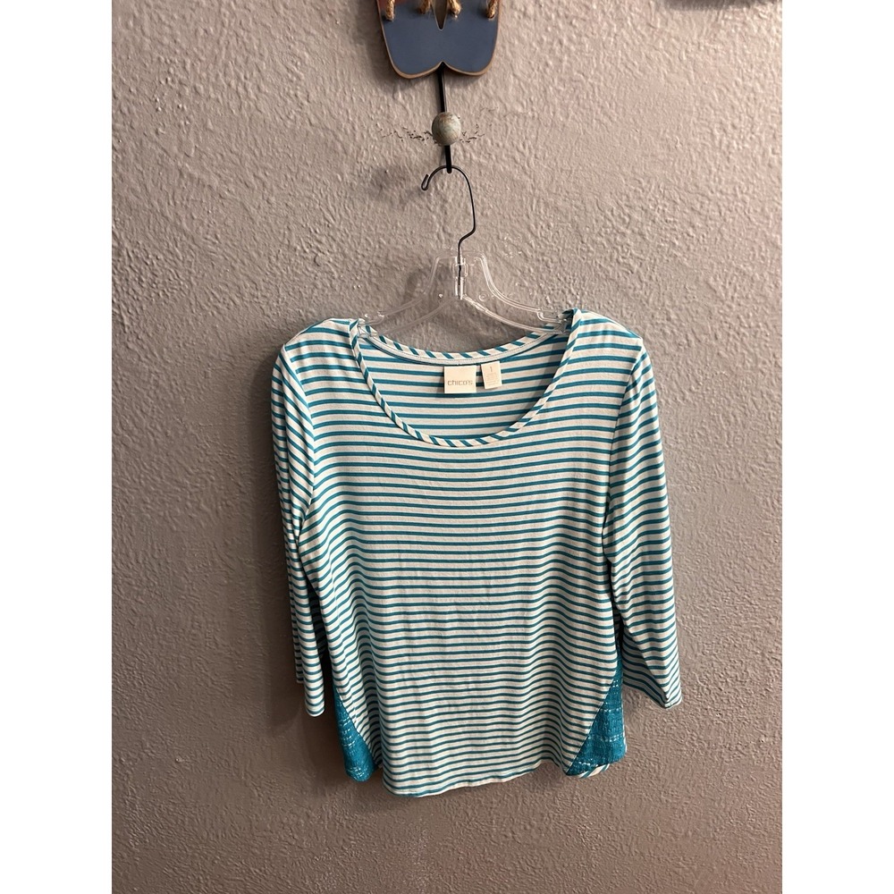Chico's Womens‎ 3/4 Sleeve White Blue Striped Top Blouse Size 1